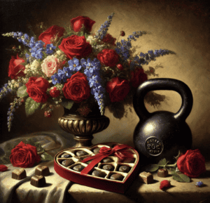 roses are red, violets are blue, chocolate in a heart shaped box and a kettlebell too